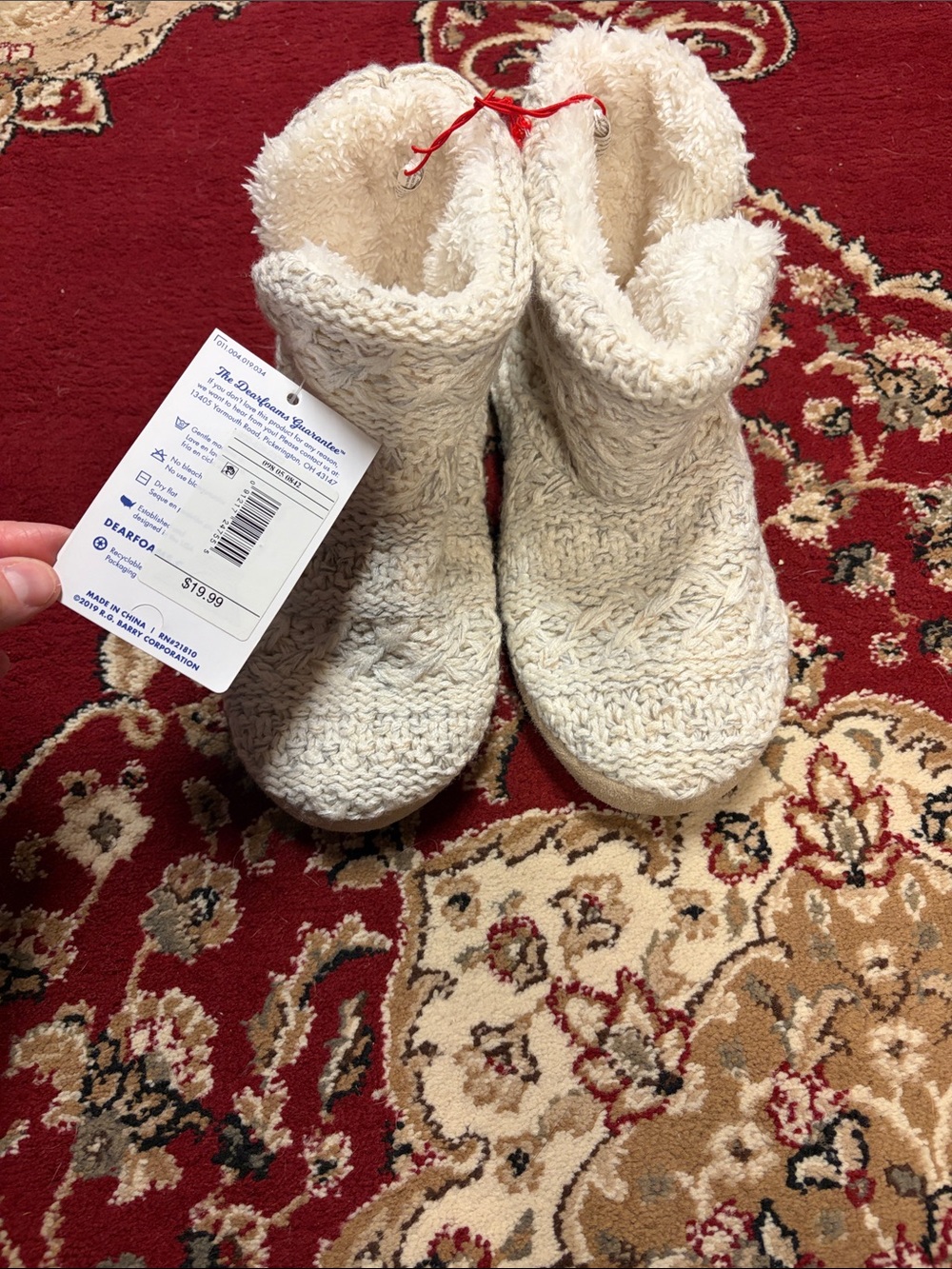 dearfoams womens Cream Cable Knit Cozy Bootie Slippers